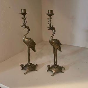 Vintage Hollywood Regency Asian Crane Figural Brass Candlestick Holders, Pair